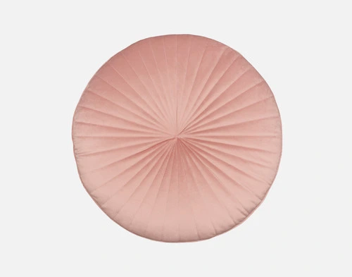 Vue de dessus de notre coussin rond en velours mandarin en rose blush Pink.