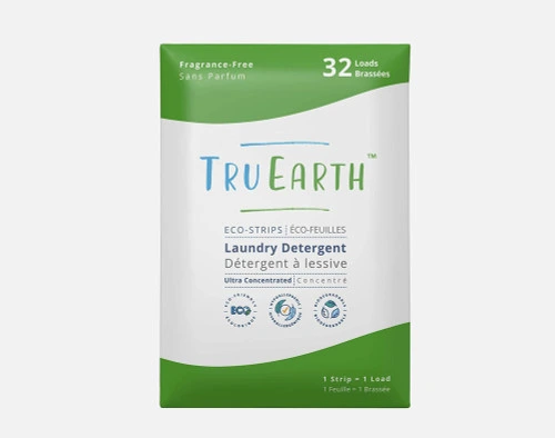 Vue frontale de l'emballage en carton d'un paquet de 32 bandes de détergent non parfumé Tru Earth.