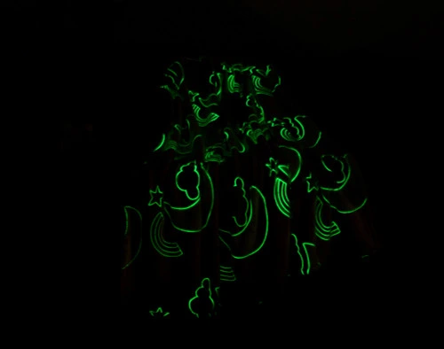 Notre nuage Goodnight Glow in the Dark polaire Jeté  assis avec une légère lueur verte dans un salon sombre.