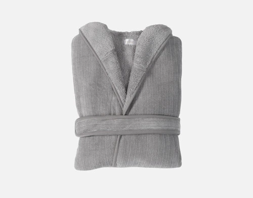 Our Grey Chenille Sherpa Bathrobe folded into a tidy square.