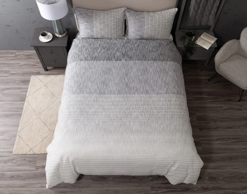 Top view of our Halston Duvet Cover to show its shifting grey patterns.