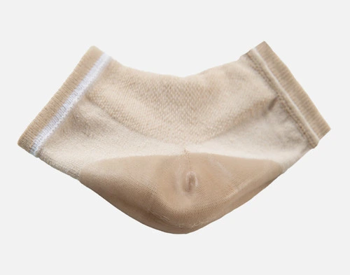 Closer view of our Beige Hydraheel Spa Socks to showcase its thicker gel heel.