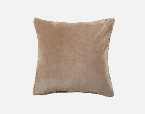 Front view of the smooth velvet backing on our Ripple Boucle Square Cushion in Truffle on a white background.