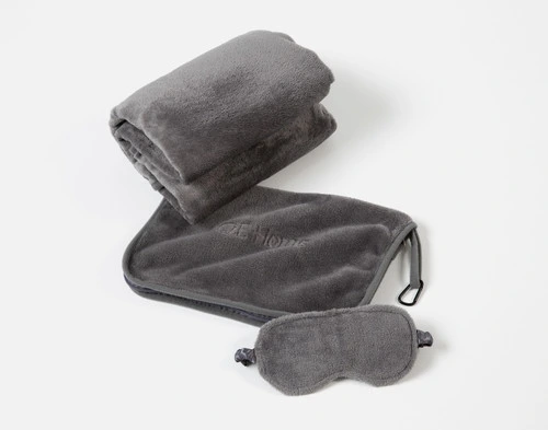 Top view of the mask, blanket, and case for our Travel Mate Set in Grey.