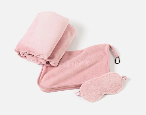 Top view of the mask, blanket, and case for our Travel Mate Set in Blush.