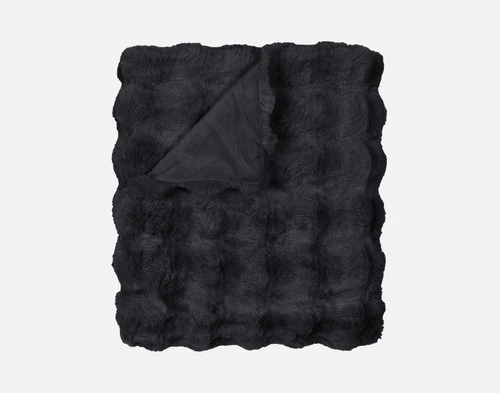 Our Bubble Faux Fur Throw in Soot folded into a tidy square against a solid white background.