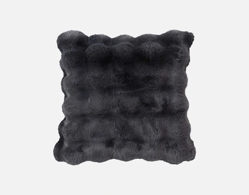 Front view of our Soot Bubble Faux Fur Square Cushion sitting on a solid white background.