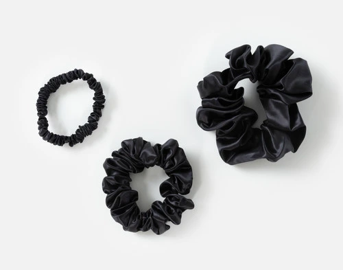 Top view of the small, medium and large scrunchies in our Black Mulberry Silk Scrunchie Set.