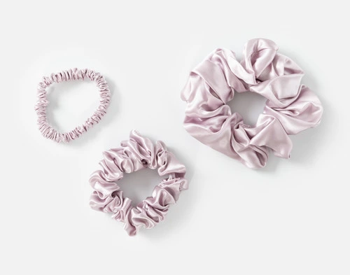 Top view of the small, medium and large scrunchies in our Lavender Mulberry Silk Scrunchie Set.