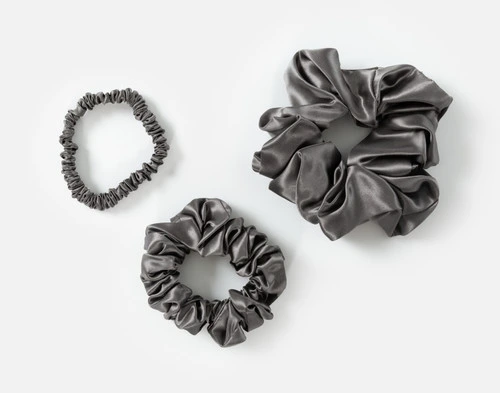 Top view of the small, medium and large scrunchies in our Pewter Mulberry Silk Scrunchie Set.