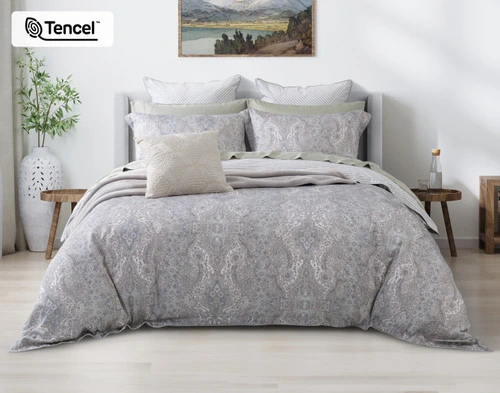 The Bayview collection on a queen bed with our Beechbliss Tencel Modal sheet set in Switchgrass. 