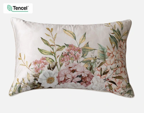 Our Positano Floral Pillow Sham with white and pink flowers on a sandstone damask print.