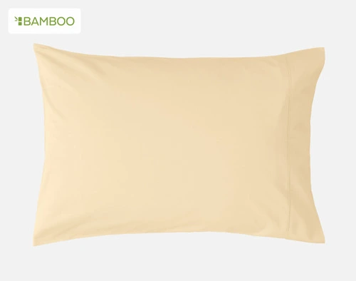 Front view of one of our Bamboo Cotton Pillowcase in Solarium, a bright sunny yellow, sitting against a solid white background.