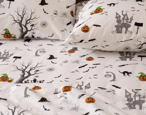 Closer view of the haunted house-themed design on the surface of our Haunted House Cotton Percale Sheet Set.