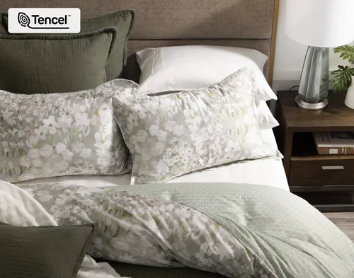 Our Elora Pillow Shams decorating the head of a bed with our Elora collection and accessories.