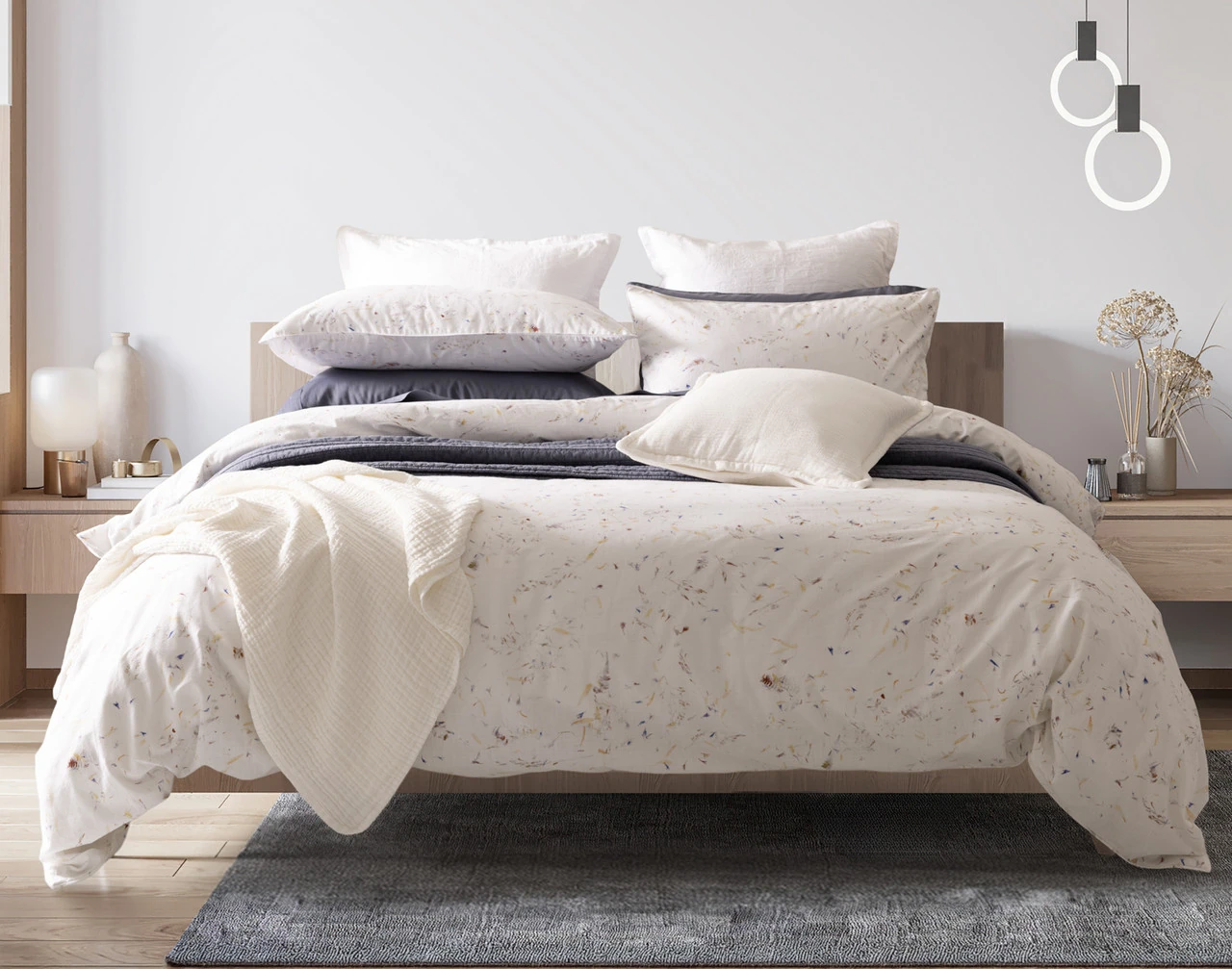 Front view of our Memories collection dressing a queen bed with accessories.