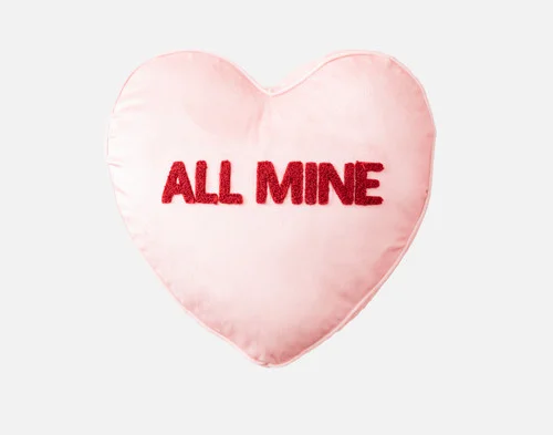 Front view of our All Mine Candy Heart Cushion.