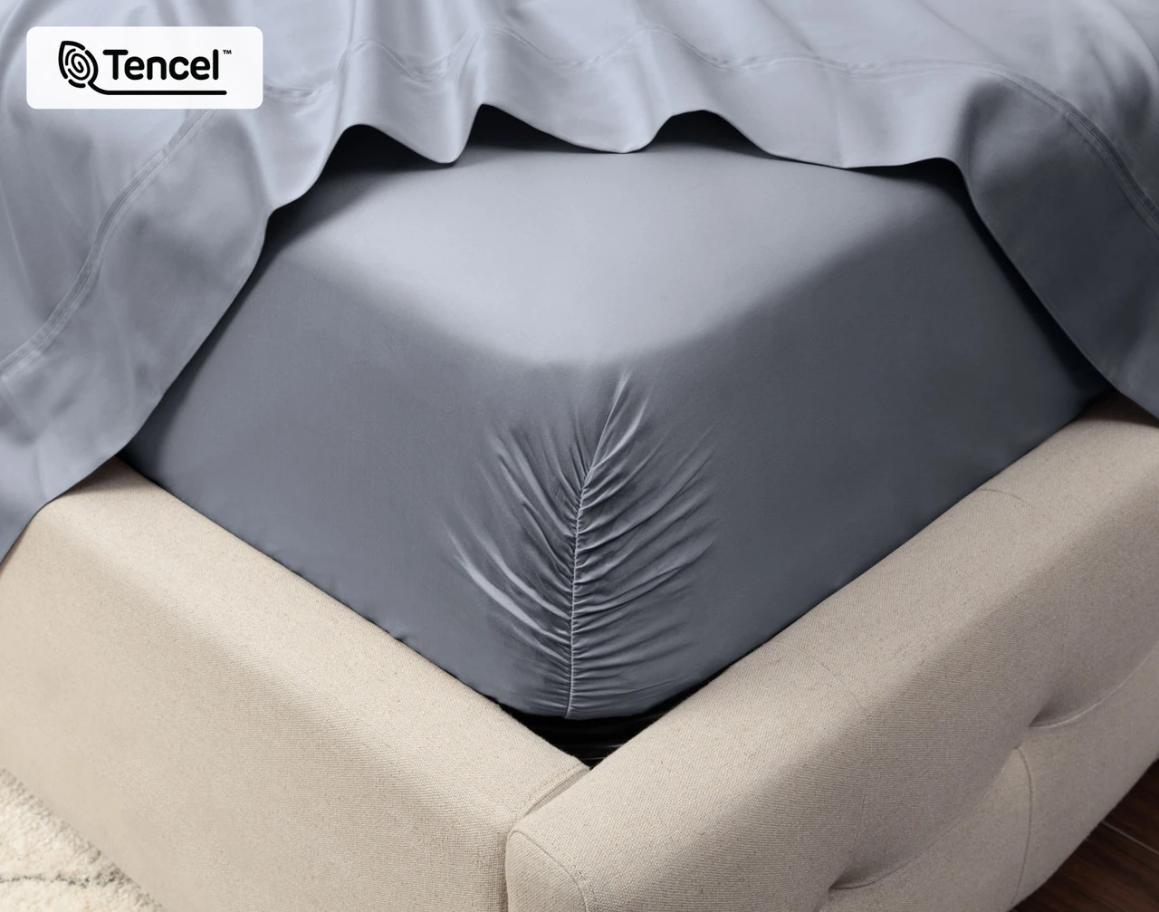 Close-up on the corner of a mattress with our Eucalyptus Luxe TENCEL™ Lyocell Fitted Sheet in Cliffside to show its snug fit.