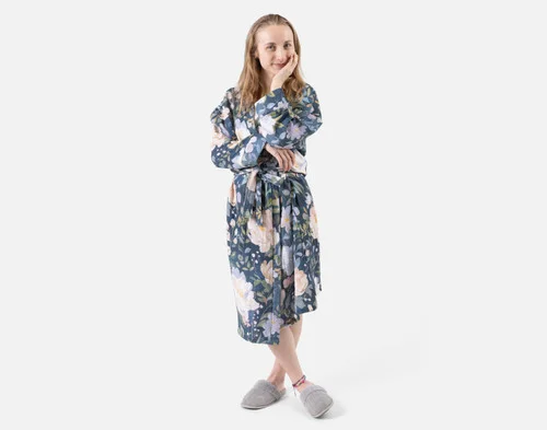 Front view of a woman wearing our Bamboo Cotton Gauze Bathrobe in Blue Violet.