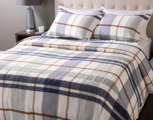 Angled view of our Finn Quilt Set dressing a queen bed in a modern bedroom.