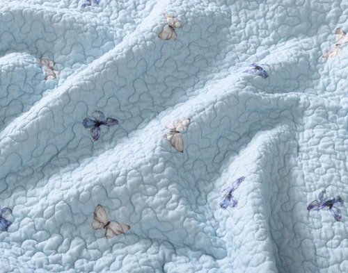 Close-up of the butterfly designs and baby blue backing of our Alma Cotton Quilt Set.