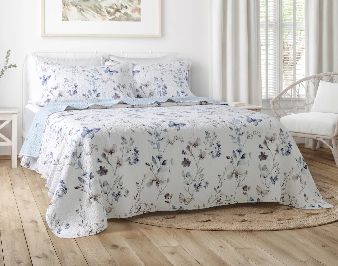 Front view of our Alma Cotton Quilt Set in a brightly lit bedroom.