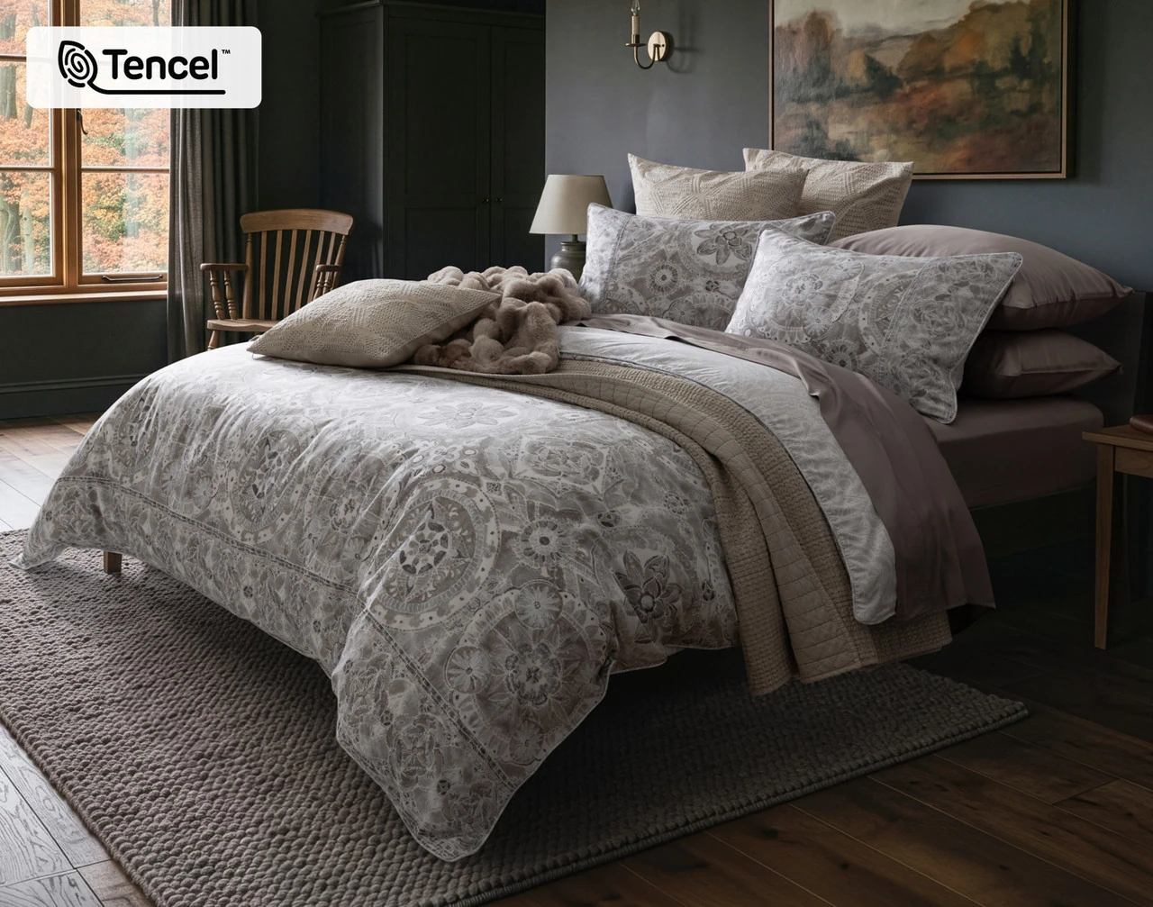 Angled view of our Romano Duvet Cover dressing a queen bed in a blue room.