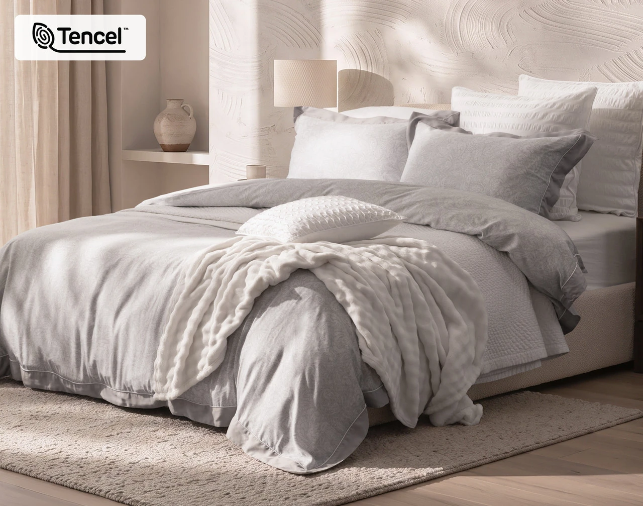 Angled view of our Sterling Duvet Cover dressing a queen bed with accessories.