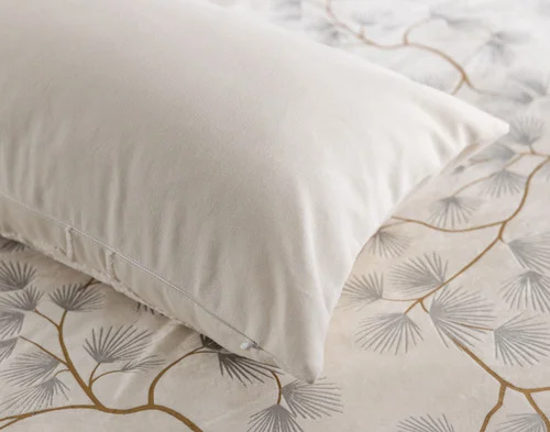 The reverse side of our Silverbough Boudoir Pillow Cover atop our Silverbough Duvet Cover.