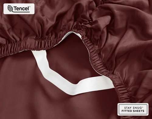 Underside of our BeechBliss TENCEL™ Modal Fitted Sheet in Mahogany to show its Stay Snug elastics.