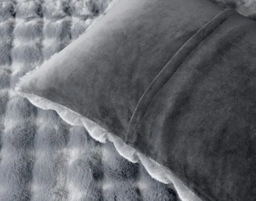 Reverse view of our Granite Bubble Faux Fur Comforter Set to show its smooth backing and envelope enclosure.