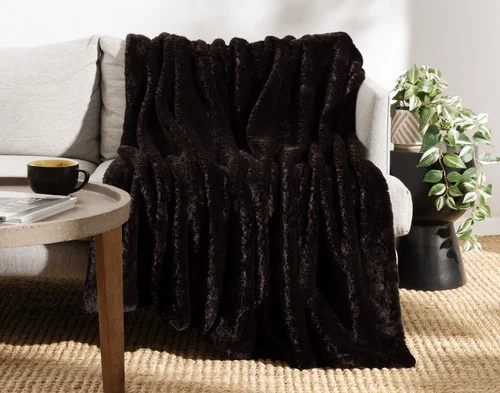 Front view of our Espresso Poodle Faux Fur Throw draped over a couch.
