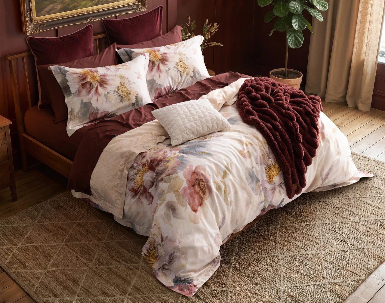 Angled, top-down view of our Solenna Duvet Cover dressed with accessories.