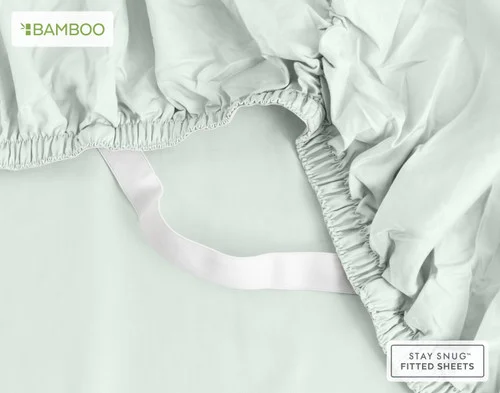 The elastic straps on the inner corner of our Bamboo Cotton Fitted Sheet in Aqua Smoke.
