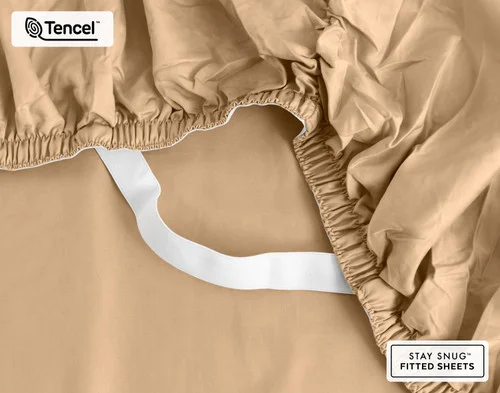 Underside of our Eucalyptus Luxe Sheet Set in Sandalwood to show its Stay Snug elastics.