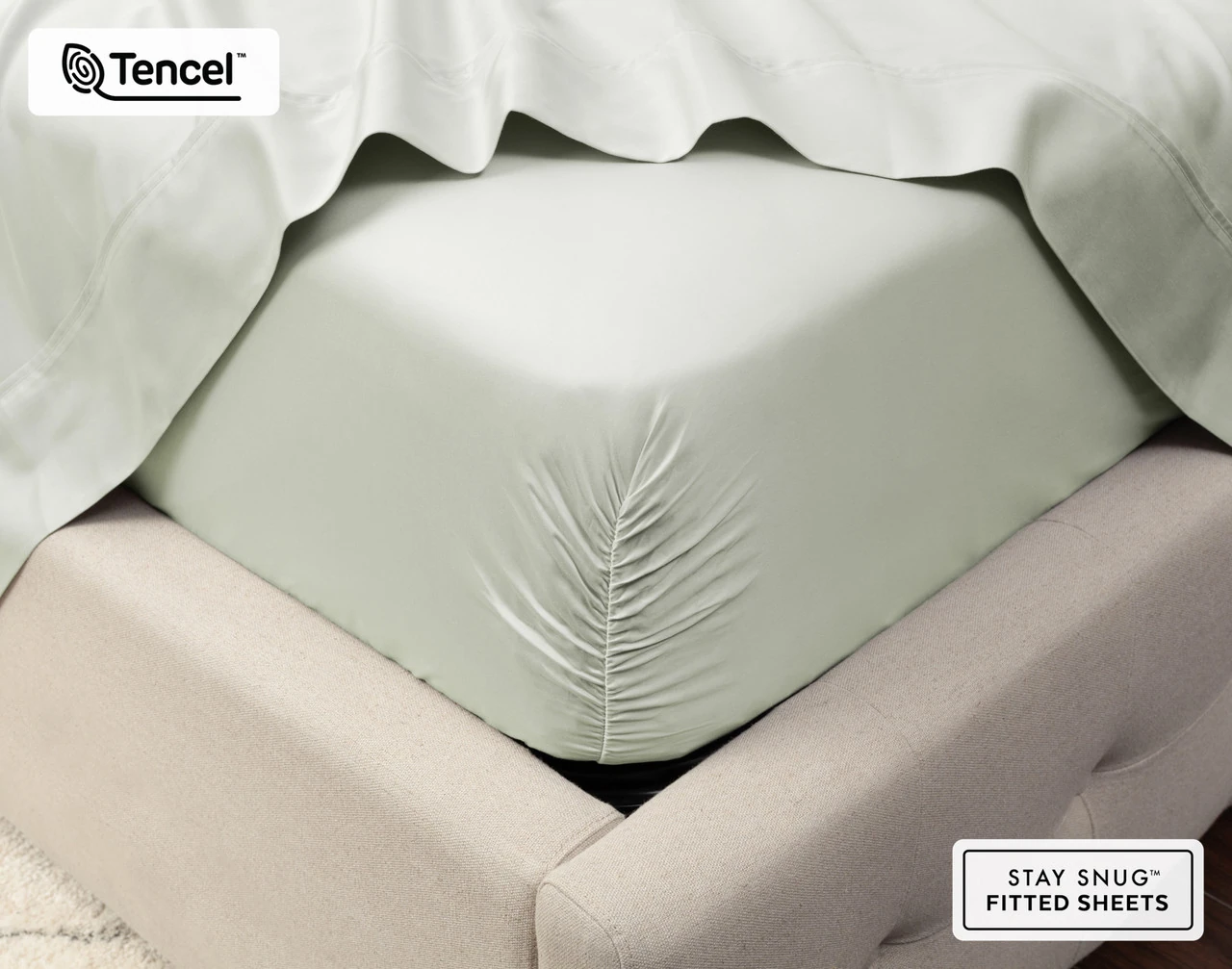 Close-up on the corner of a mattress with our Eucalyptus Luxe Fitted Sheet in Oyster to show its snug fit.