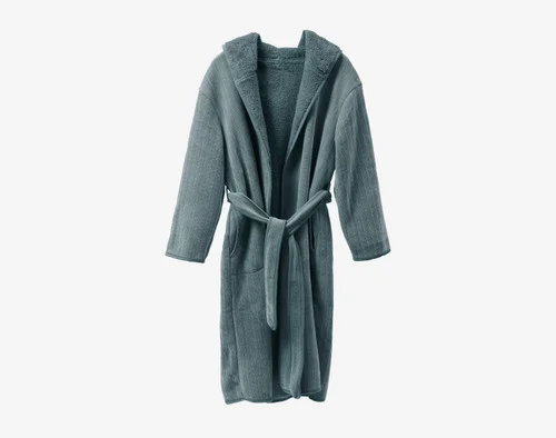 Front view of our Chenille Sherpa Bathrobe in Juniper against a solid white background without anyone wearing.