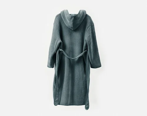 Back view of our Chenille Sherpa Bathrobe in Juniper against a solid white background without anyone wearing.