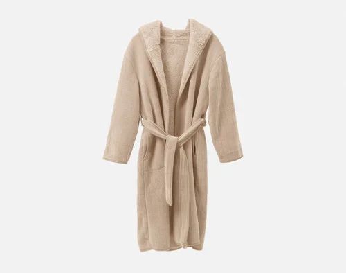 Front view of our Chenille Sherpa Bathrobe in Dune against a solid white background without anyone wearing it.