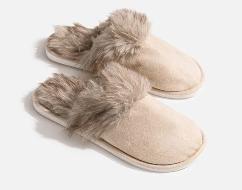 Front view of our Faux Fur Plush Slippers in Dune on a solid white background.