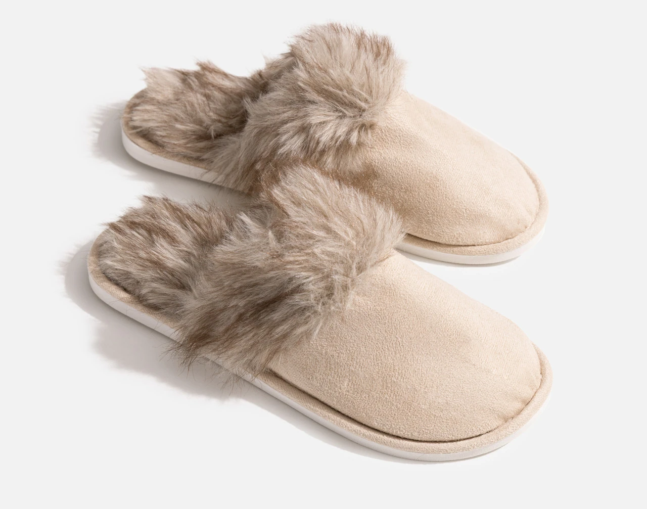 Front view of our Faux Fur Plush Slippers in Dune on a solid white background.