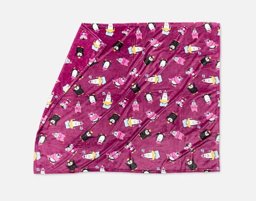 Our Holiday Fleece Throw - Winter Waddle lying with a fold against a white background.