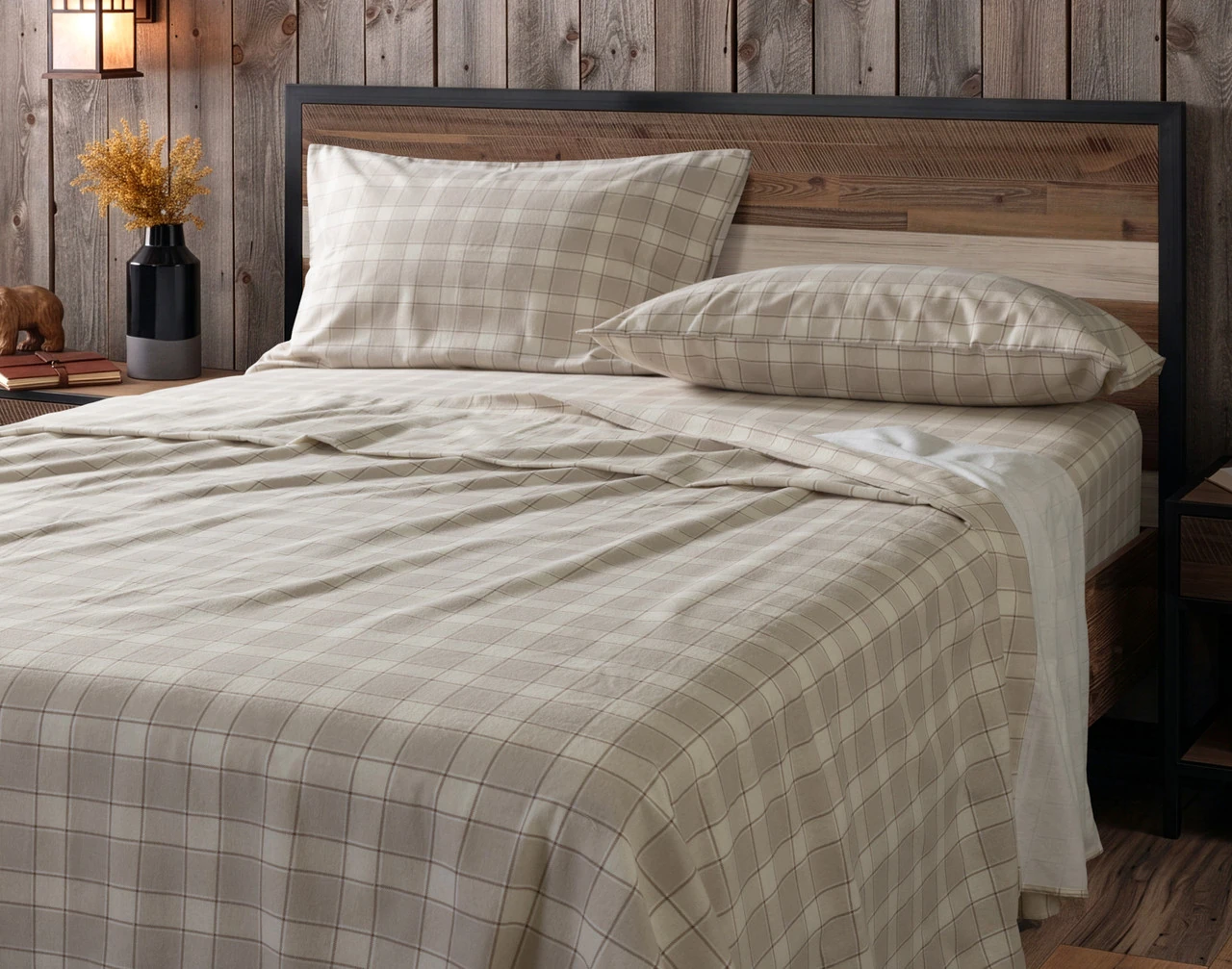 Our Cabin Check Organic Cotton Flannel Sheet Set dressed over a plain queen bed.
