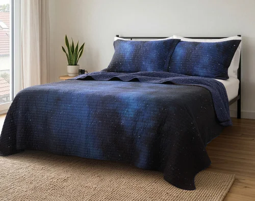 Front view of our Starfield Cotton Quilt Set dressed over a plain queen bed.