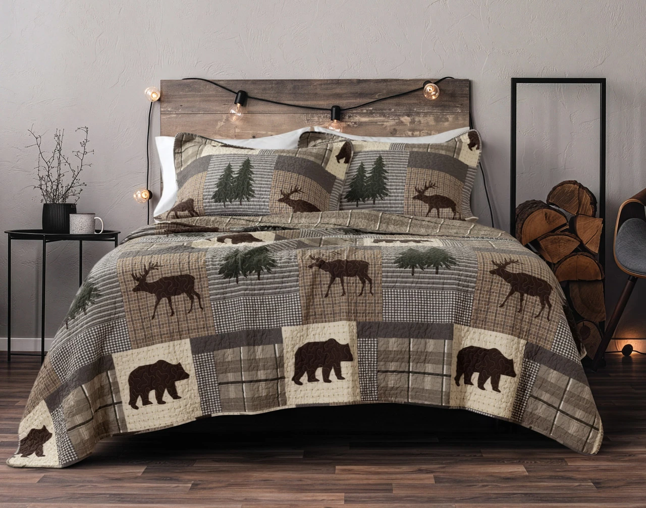 Our Pineridge Cotton Quilt Set dressing a queen bed in a cozy cabin room.