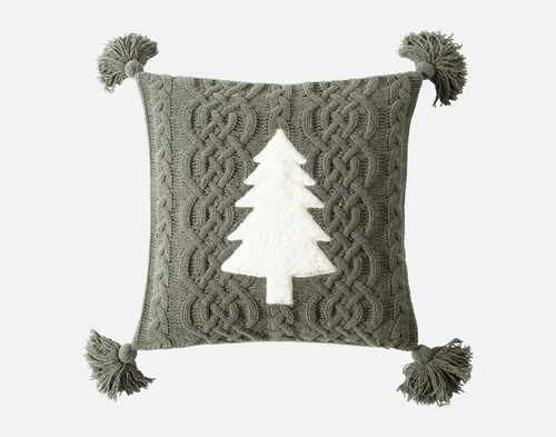 Front view of our Snowpine Holiday Square Cushion over a solid white background.