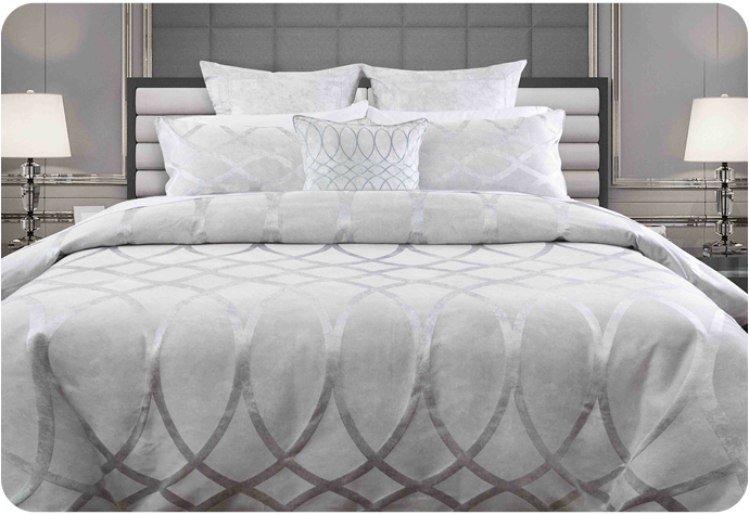 Our Cosmopolitan Bedding Collection features a silver patterned design with coordinating silver pillow shams