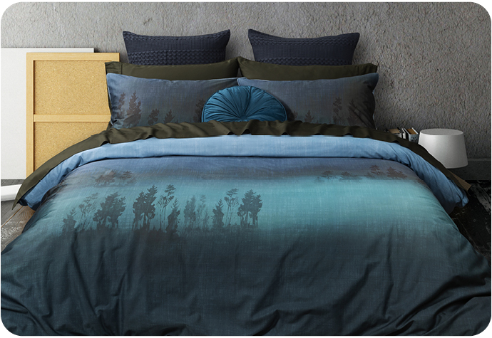 Our Nairn Bedding Collection features a blue duvet cover with a teal gradient, and coordinating blue pillow shams.