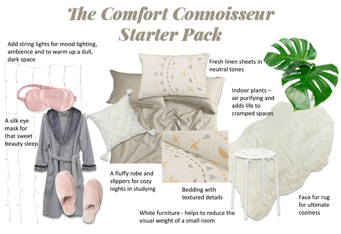 Graphique de collage étiqueté The Comfort Connoisseur Starter Pack comprenant plusieurs articles sur un fond blanc.