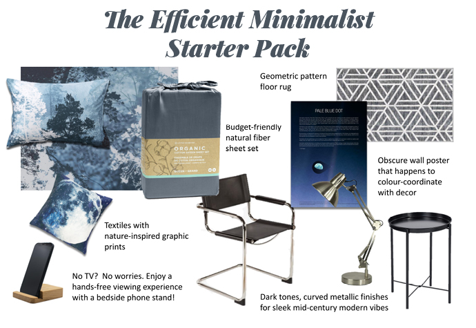Graphique de collage étiqueté "The Efficient Minimalist Starter Pack", présentant plusieurs éléments sur un fond blanc.